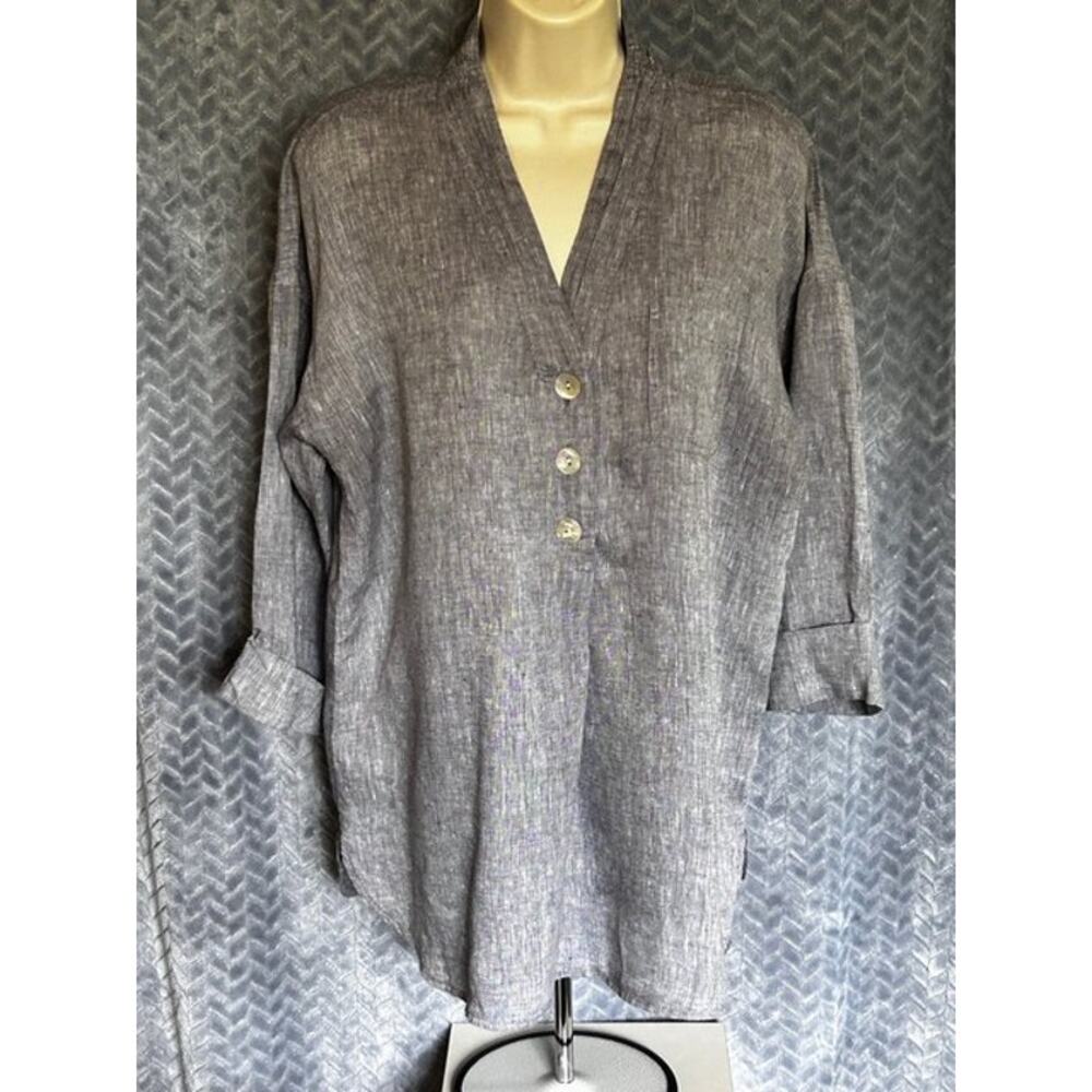 J Jill Pure Jill 100% Linen Top V Neck Grey Loose Fit Lagenlook Coastal Resort